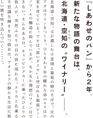 『しあわせのパン』から2年。新たな物語の舞台は、北海道・空知のワイナリー。北海道・空知。父が遺した小麦畑と葡萄の樹のそばで、兄のアオはワインをつくり、ひとまわり年の離れた弟のロクは、小麦を育てている。アオは“黒いダイヤ”と呼ばれる葡萄“ピノ・ノワール”の醸造に励んでいるが、なかなか理想のワインはできない。そんなある日、キャンピングカーに乗ったひとりの旅人が、突然ふたりの目の前に現れた。エリカと名乗る不思議な輝きを放つ彼女は、アオとロクの静かな生活に新しい風を吹き込んでいく・・・