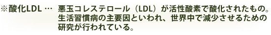 ※酸化LDL：悪玉コレステロール（LDL）が活性酸素で酸化されたもの。生活習慣病の主要因といわれ、世界中で減少させるための研究が行われている。