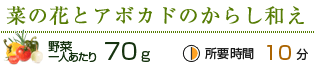 菜の花とアボカドのからし和え：野菜一人あたり摂取量70g、所要時間10分